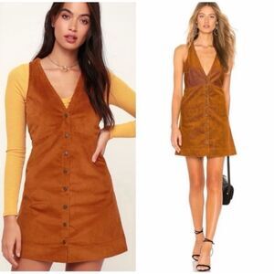 Free People Rolling Thunder Corduroy Mini Dress Button-Down Cinnamon Brown Large
